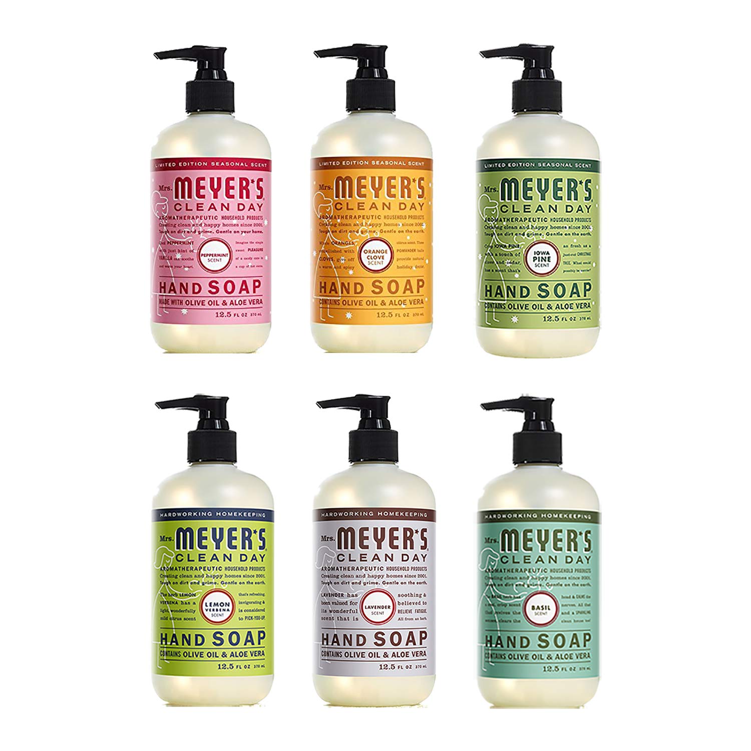 Mrs. Meyer's Liquid Hand Soap Holiday Scents Plus Everyday Scents 6 Scent Variety Pack, 1 Iowa Pine, 1 Orange Clove, 1 Peppermint, 1 Basil, 1